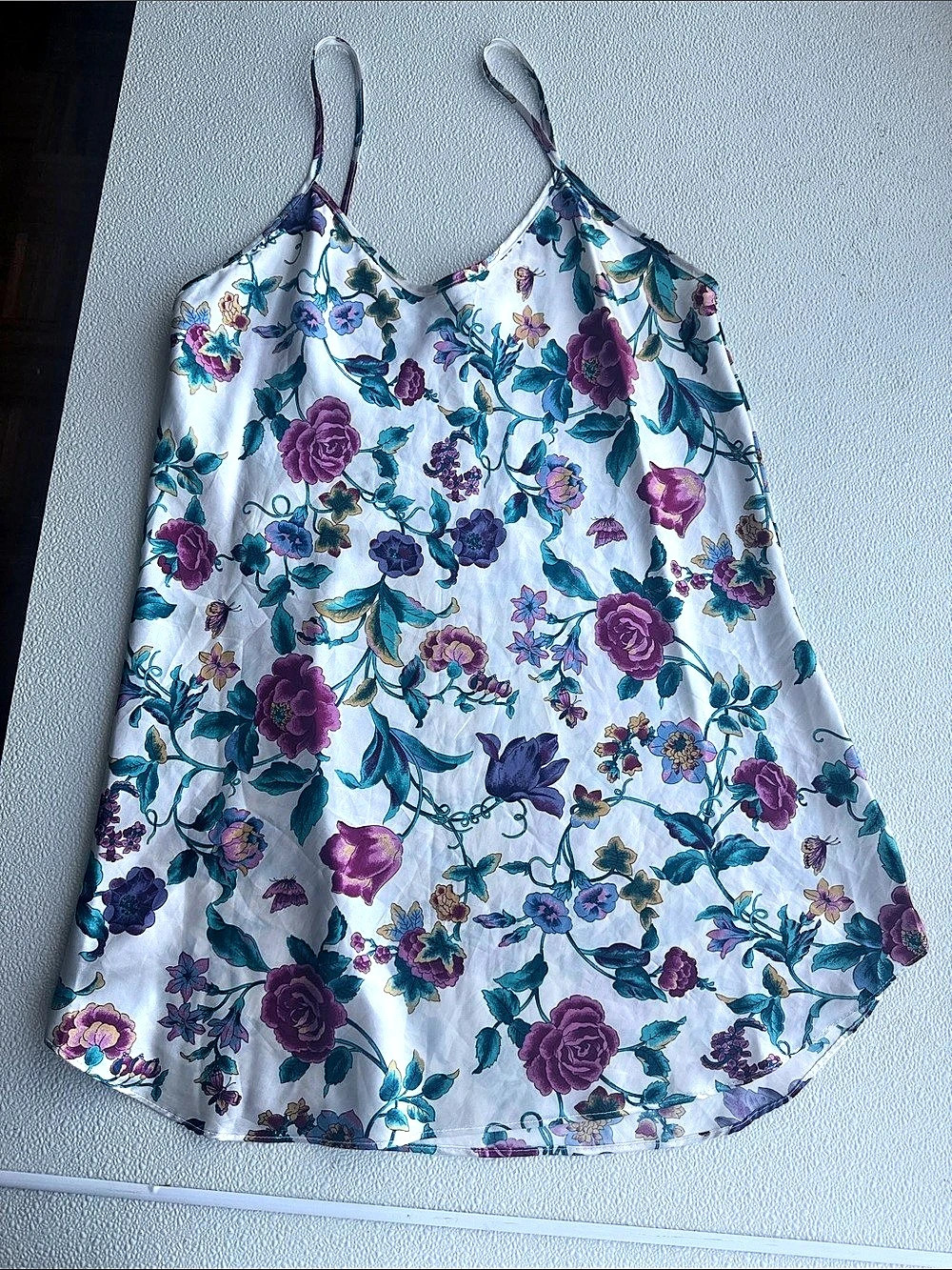 Vintage Copacabana Floral Satin Slip Nightgown Size L Purple Rose Print | Like N